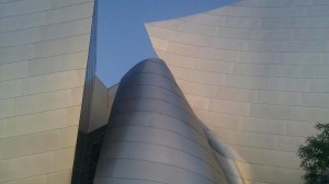 Disney Hall exterior reflecting the sunset